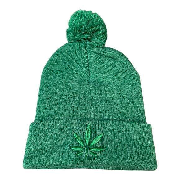 Green Cannabis Leaf Pom Pom Beanie 420 Theme Winter Hat Unisex Adult One Size - Picture 2 of 4